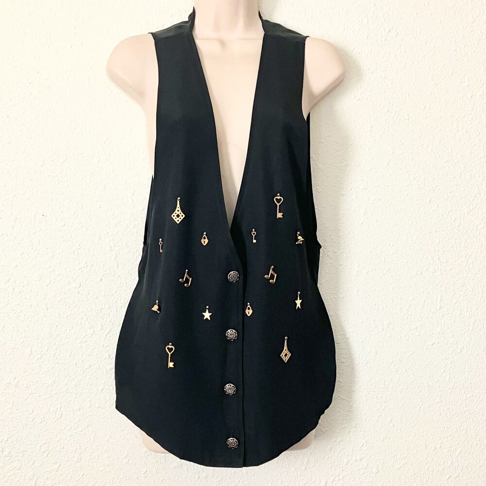 Vtg 90' Black Novelty Charm Vest Keys Locks Stars Musical Notes USA Womens 7/8